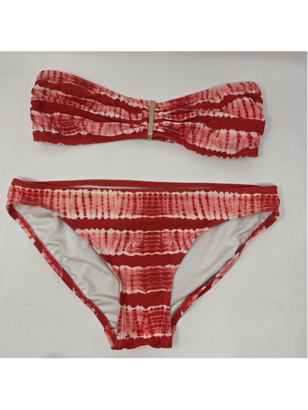 Michael Kors Salmon & White Tie Dye Pink Red 2 Piece Bandeau Bikini Set Med